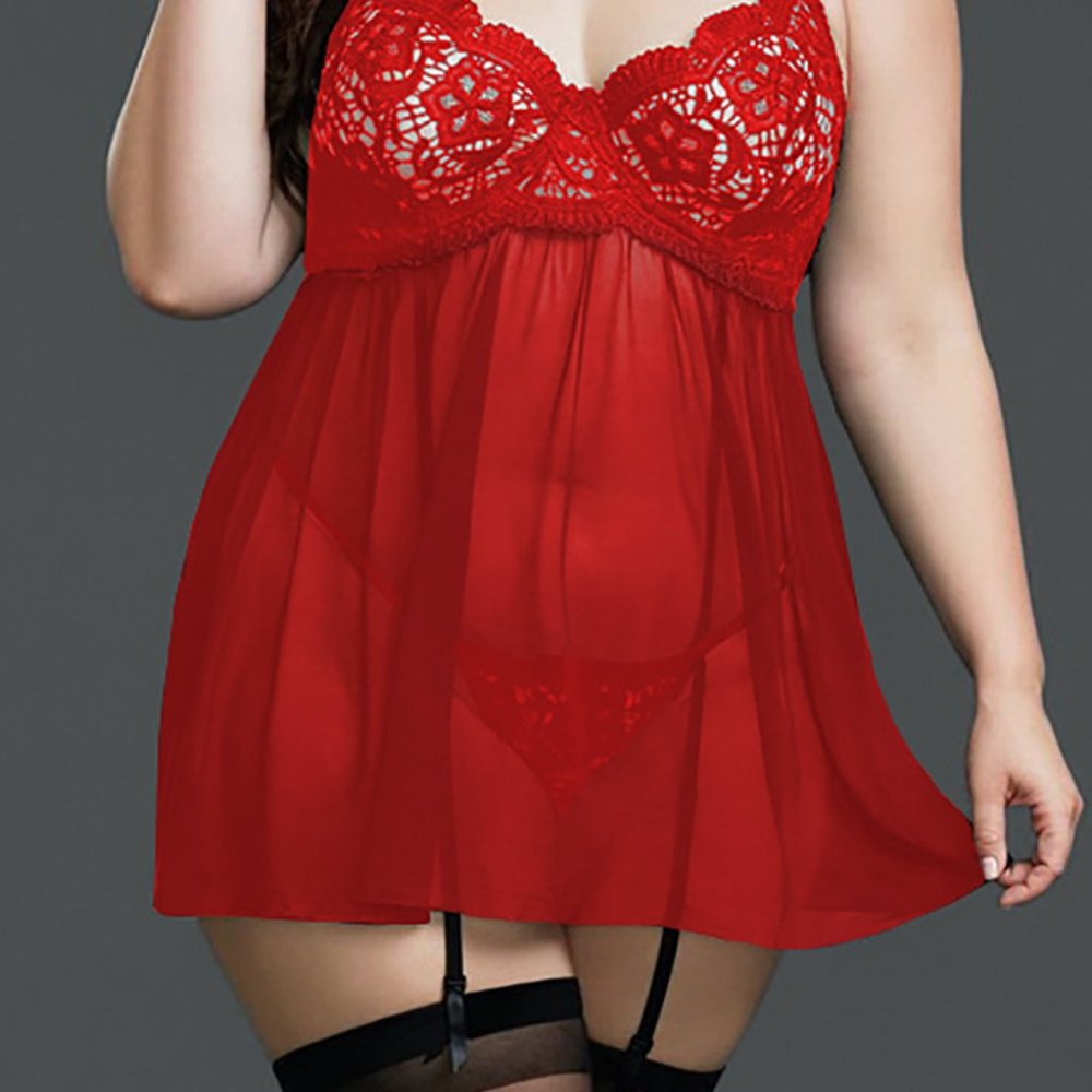 Red Plus Size Black Mesh & Venice Embroidery Lace Babydoll - Picture 4 of 4